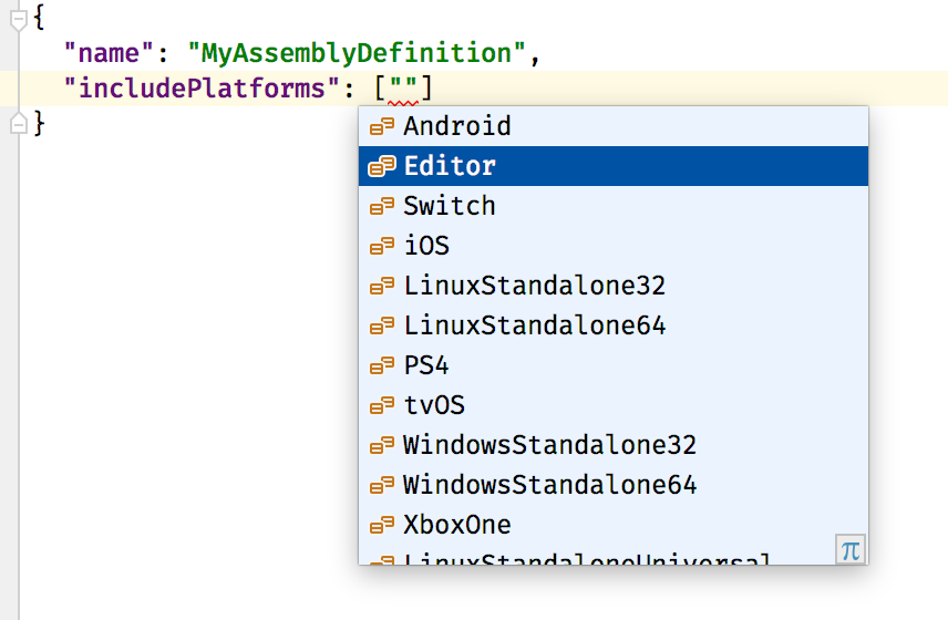 JSON code completion inside an assembly definition file