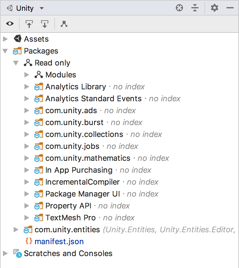 Unity explorer showing the packages node