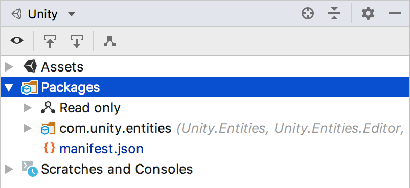 Unity explorer showing packages node