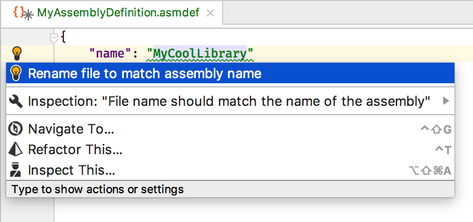 Rename file to match assembly definition name quick fix