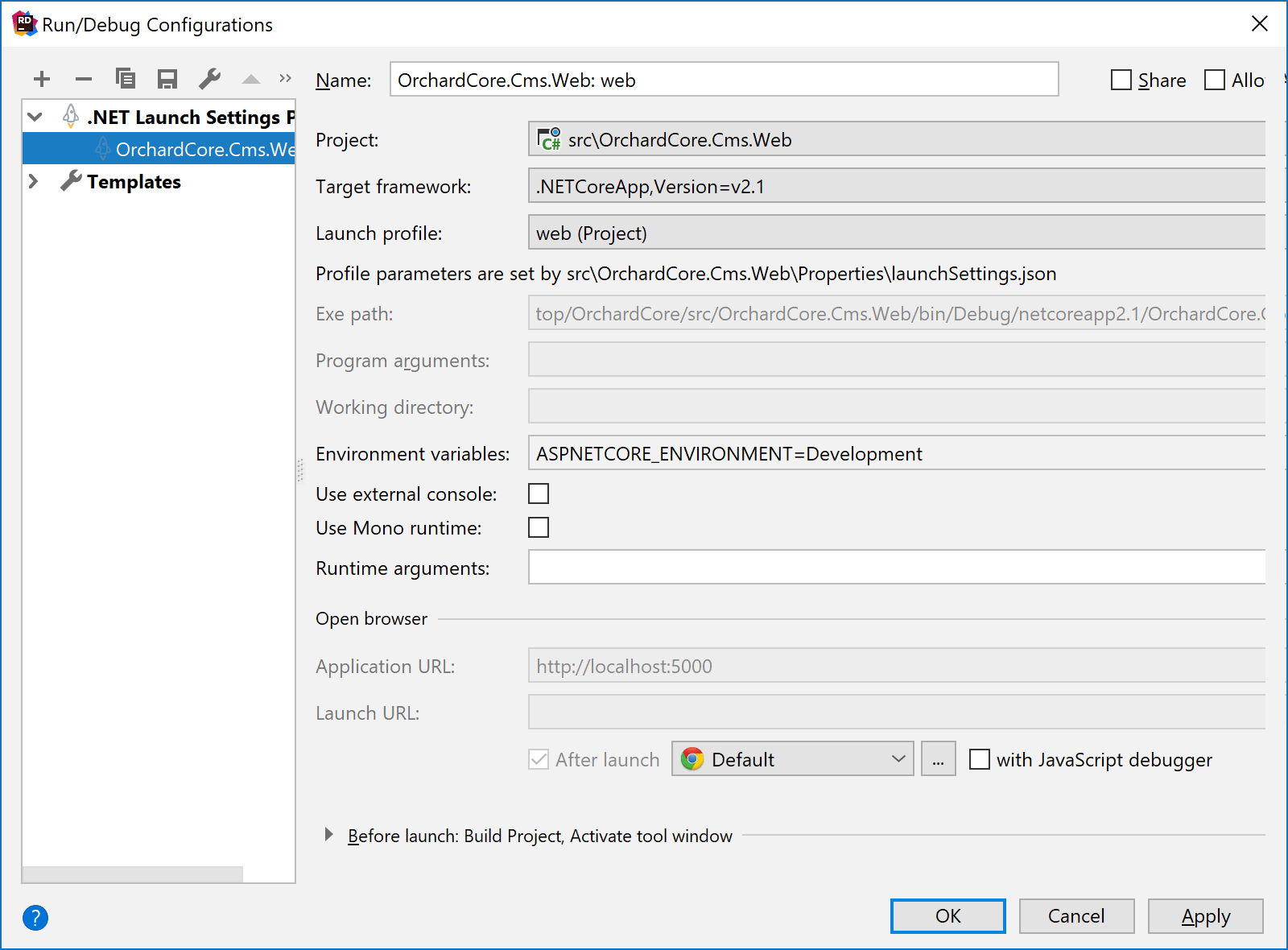 Rider configuration variable. Jetbrains Rider. Orchard Core cms.