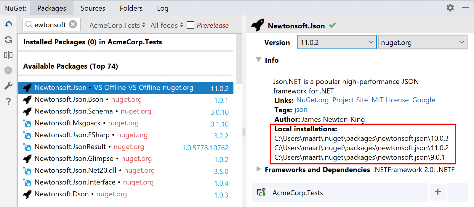 Rider displaying local NuGet installations