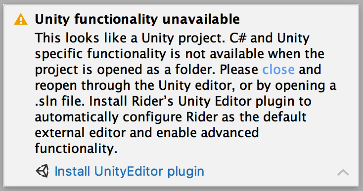 Notification explaining that Unity and C# functionality is unavailable