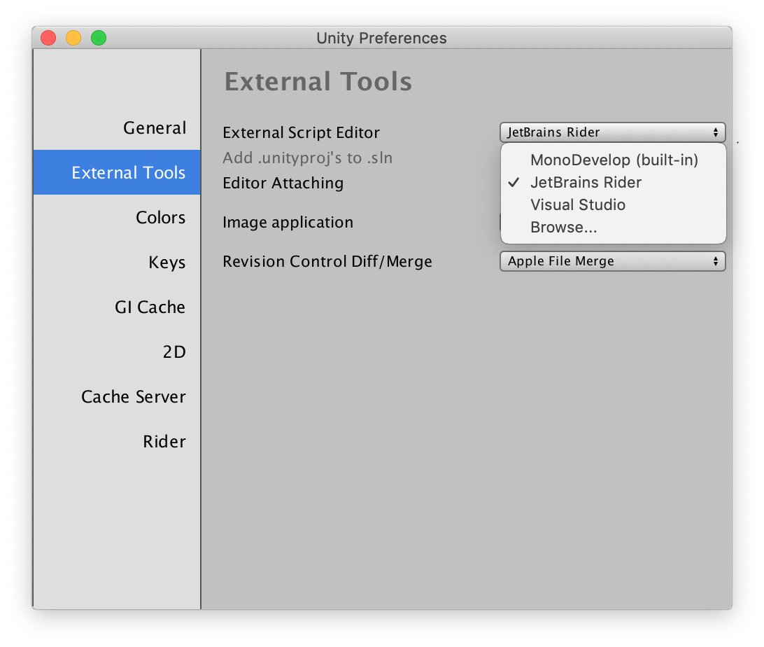 Rider listed in Unity preferences