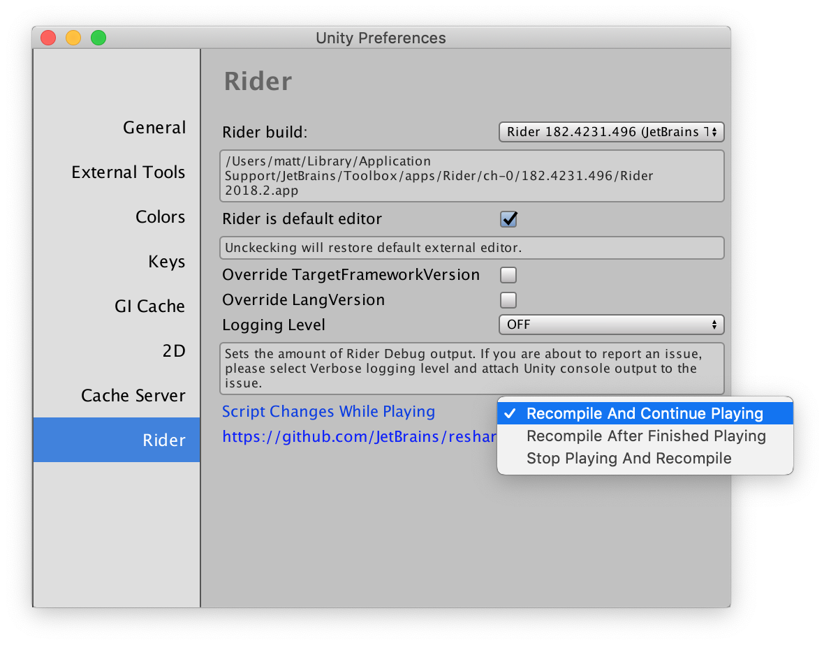 Rider preferences showing Unity recompile options