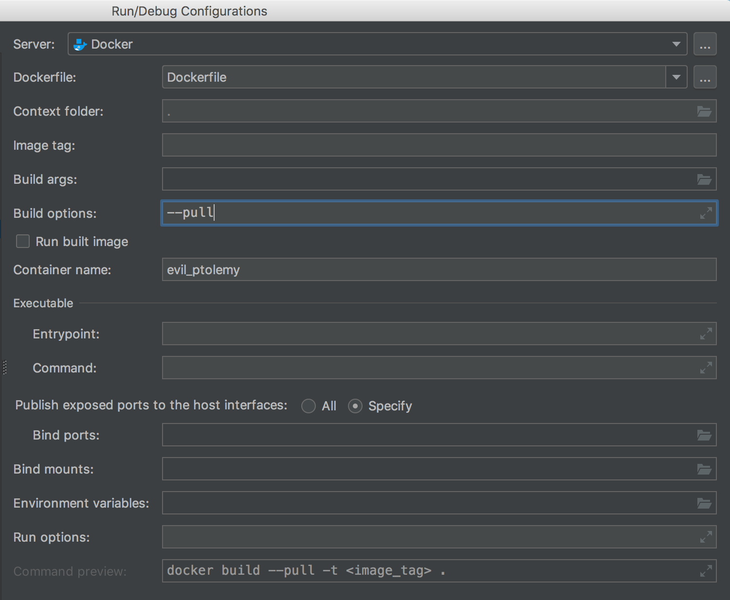 New Build options field in Dockerfile run configuration