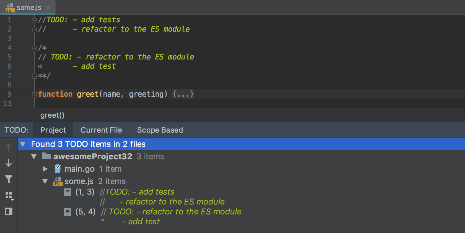 Multiline TODO comments in JavaScript file with TODO tool window