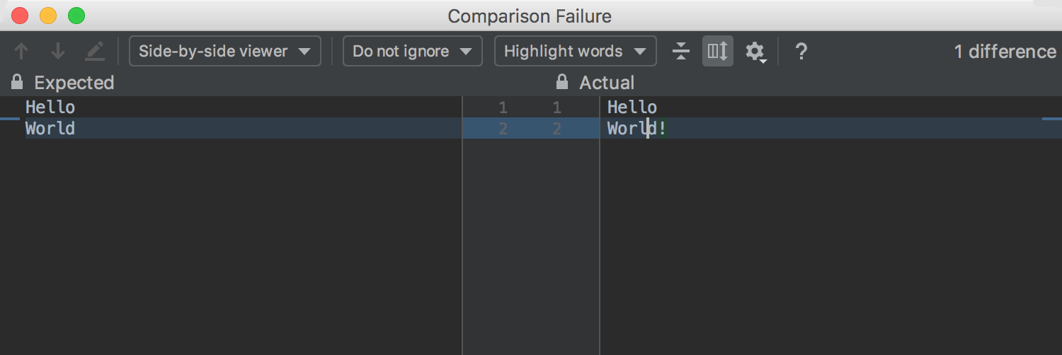 Failure window with the diff between the expected and actual values for failed assertions