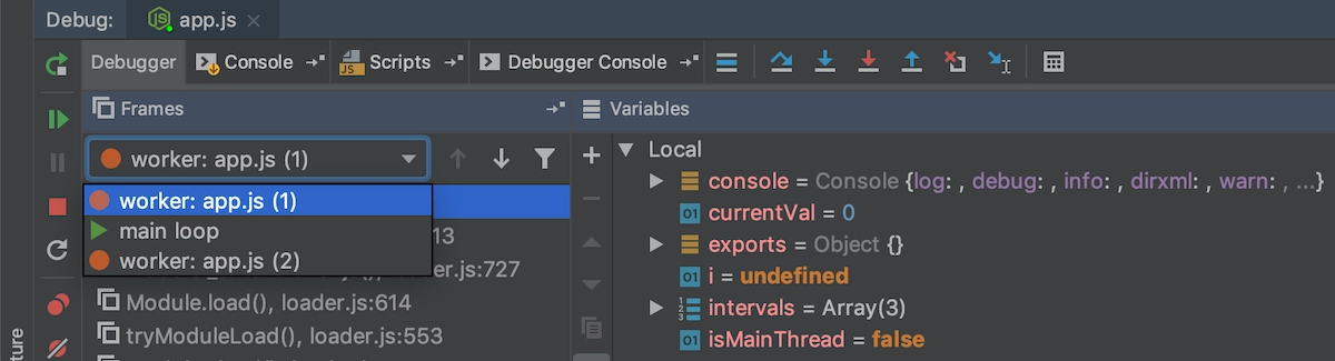 Debugger tool window when debugging node workers