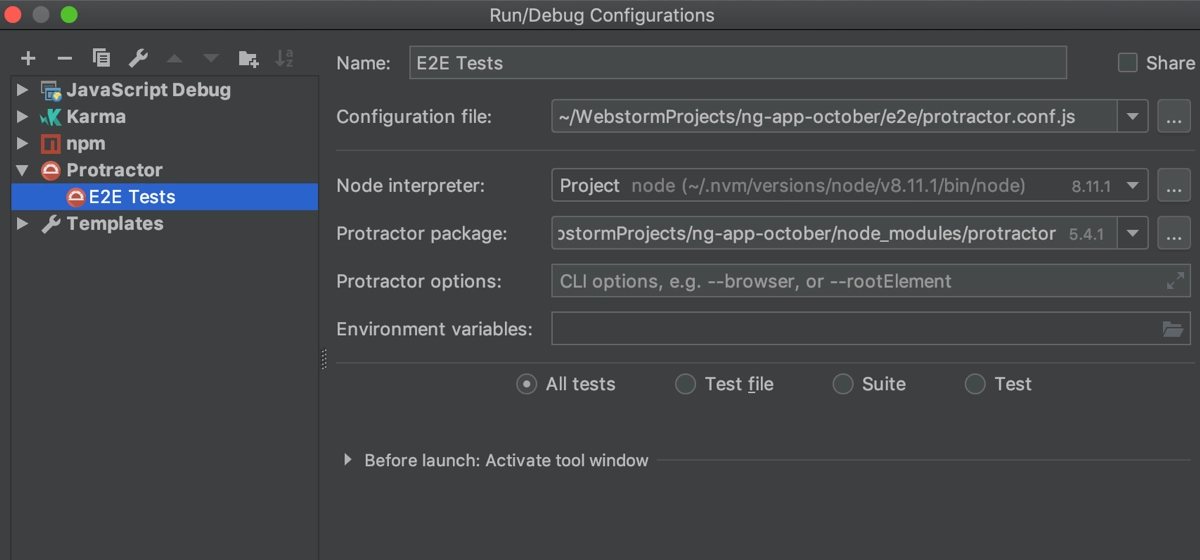 Protractor run/debug configuration