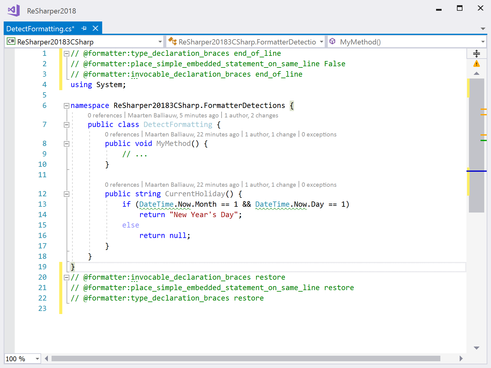 Save formatting settings as comments to override in the current file only