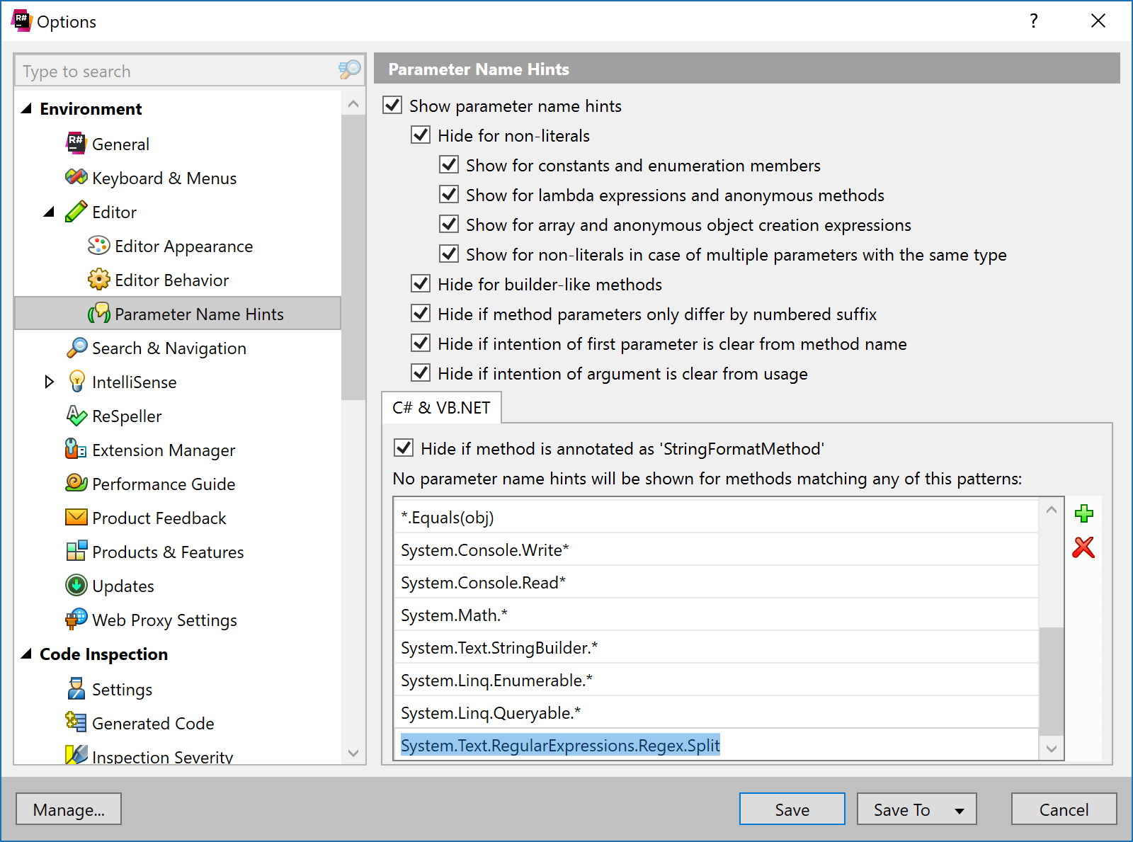 Do not show parameter hints for method - exclude list