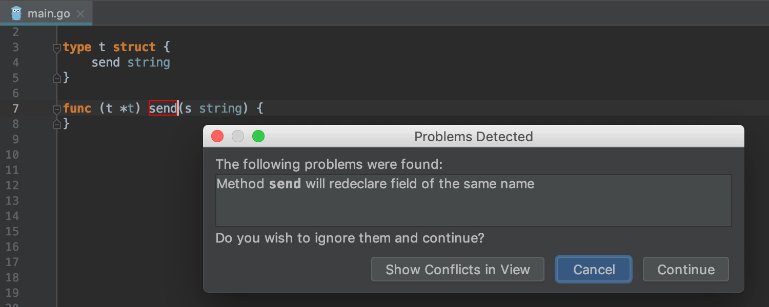 The symbol name conflicts are displayed in the Problems Detected window