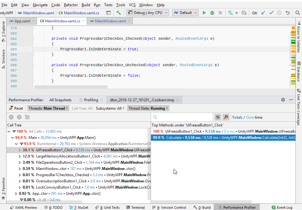 Analyzing profiling snapshots in Rider. Navigation