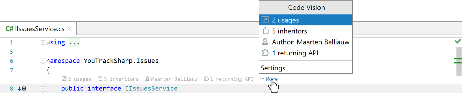 Getting more code vision metrics and access to settings