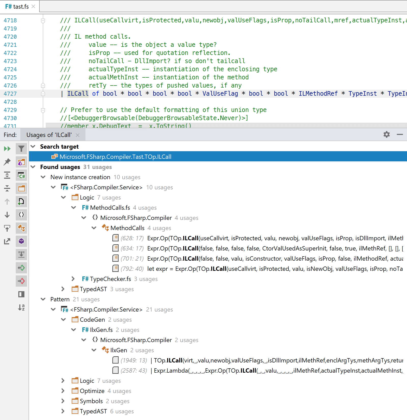 Find Usages groups new instance creation and pattern matching