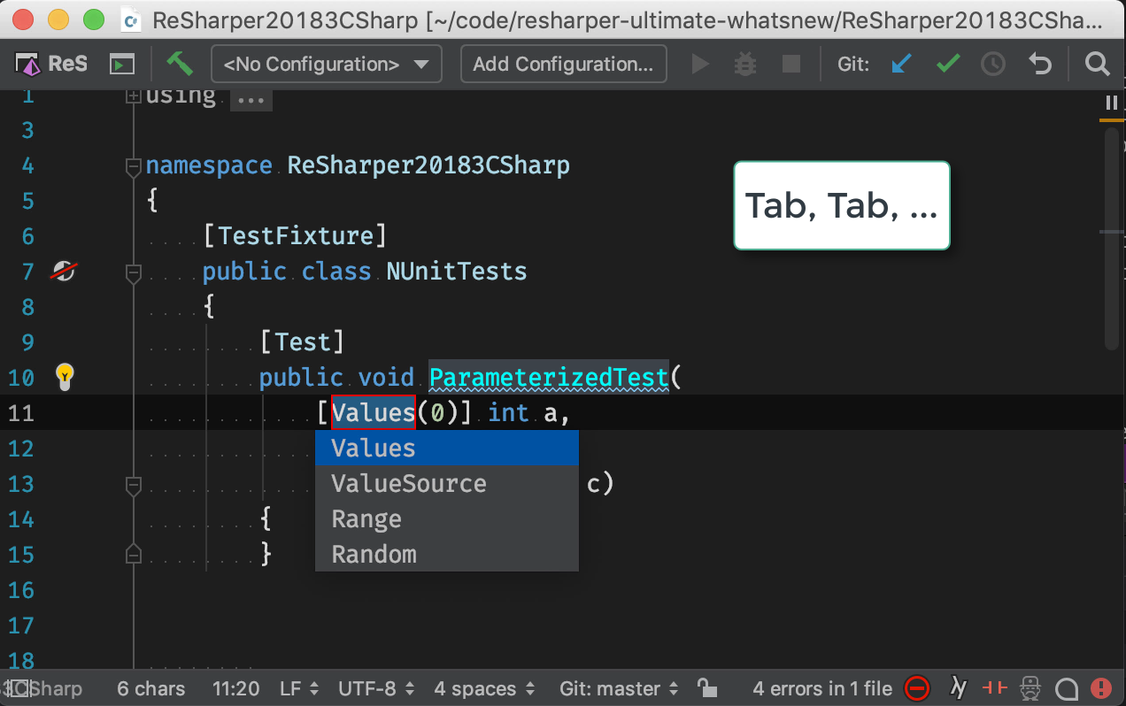 Providing values for parameterized tests in-place