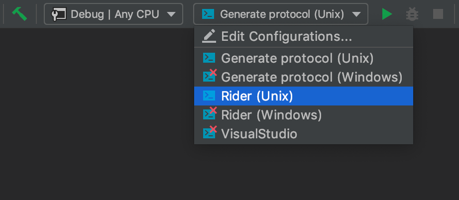 Run configurations for VisualStudio and Rider (Win/Linux)