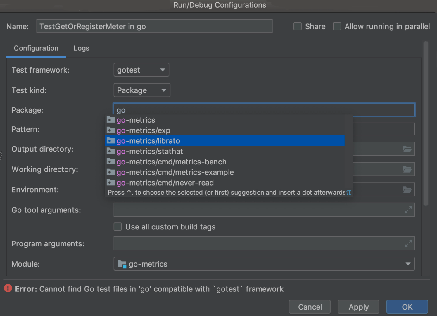 Code completion in Run configuration