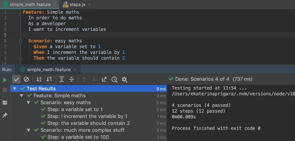 Cucumber test results in a tool window