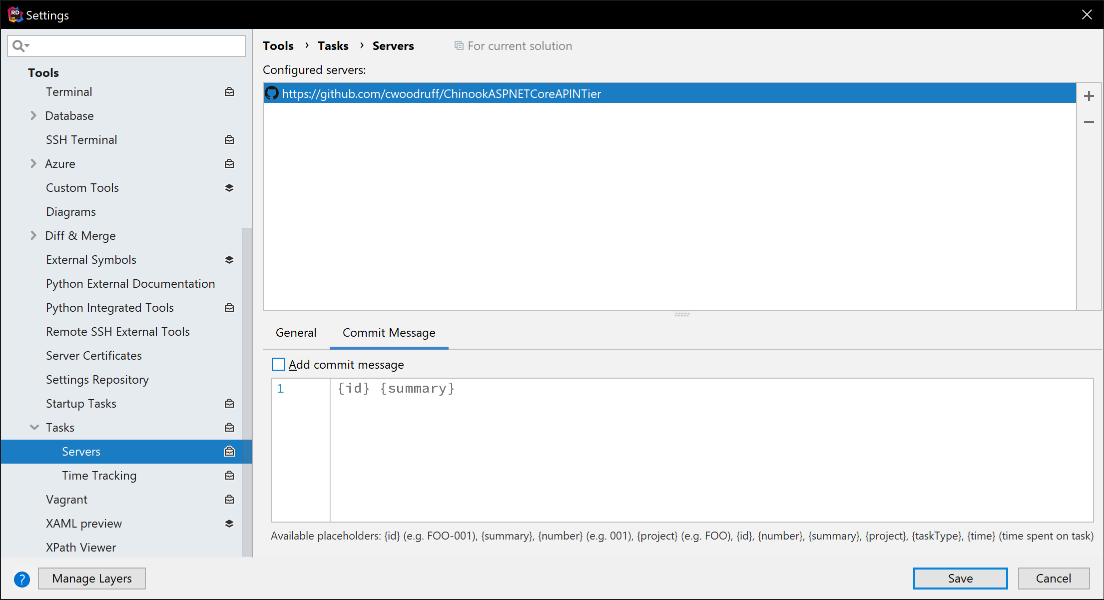 Rider Issue Tracker and Tasks Settings Commit Messages