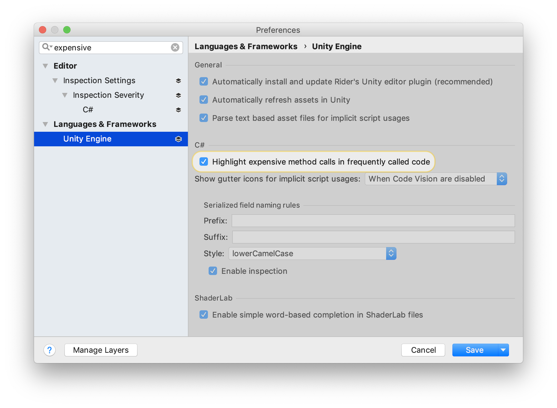 Unity options showing how to disable expensive method checking