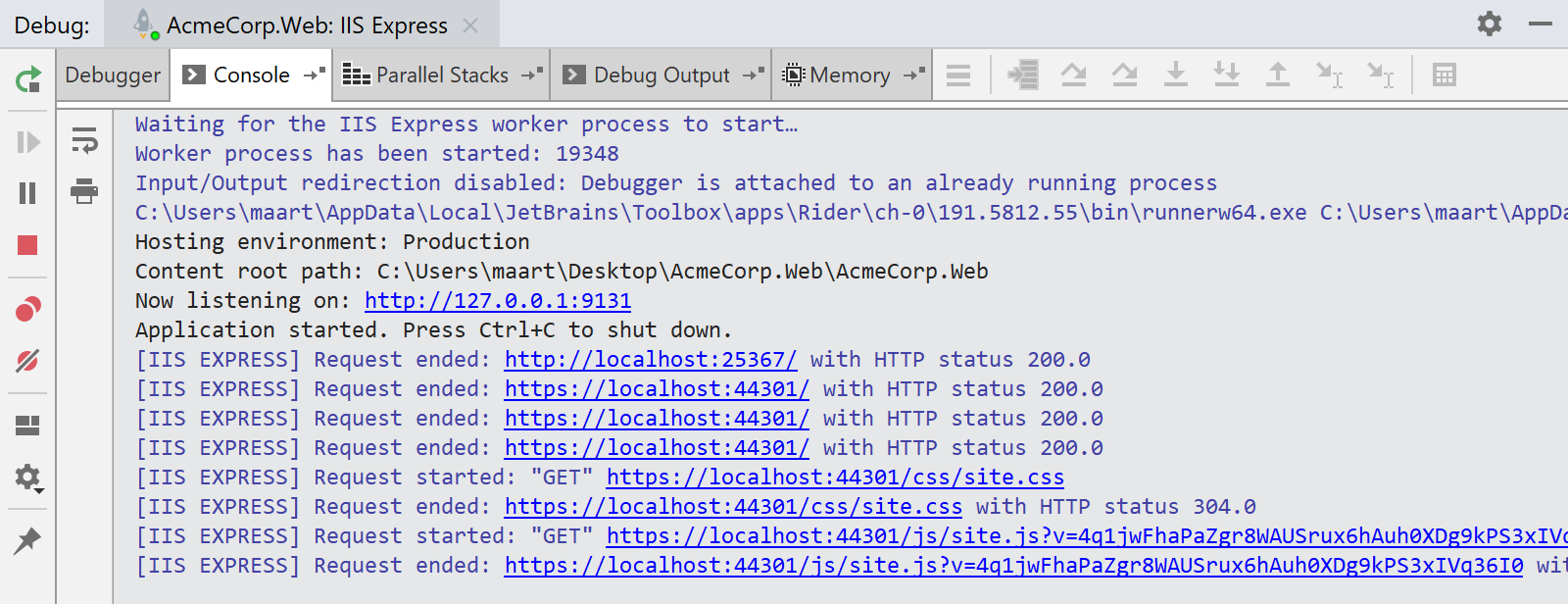 Show IIS Express process output