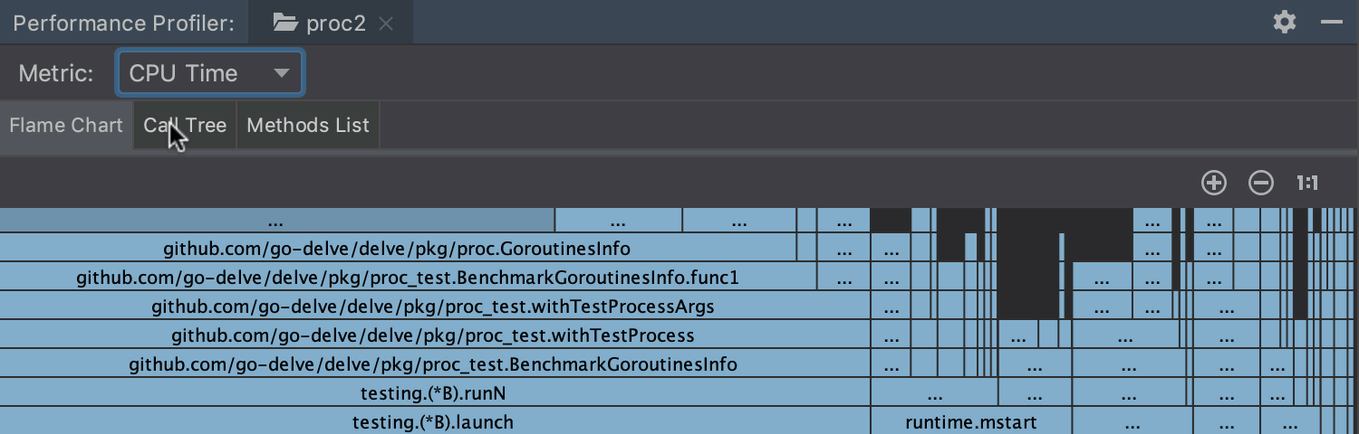 Exporing results in Call Tree and Methods List tabs in built-in CPU profiler