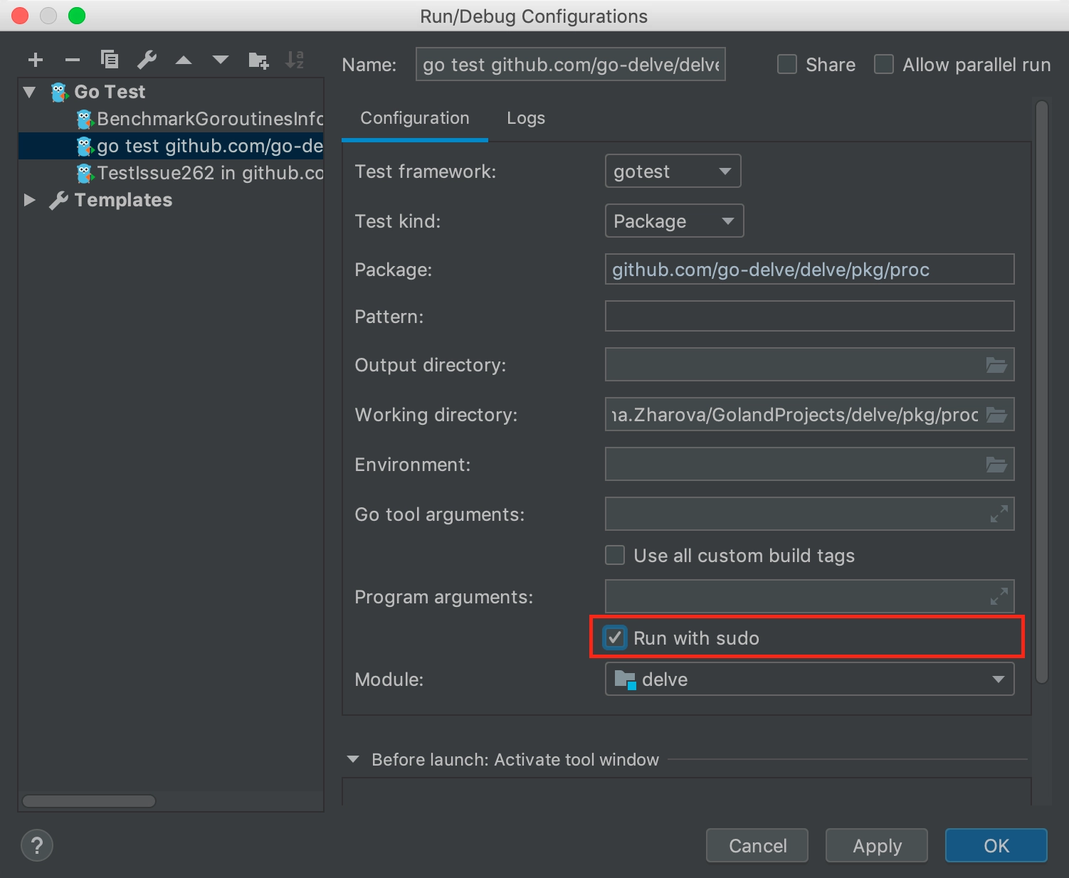 Run with sudo option in Run/Debug Configurations menu