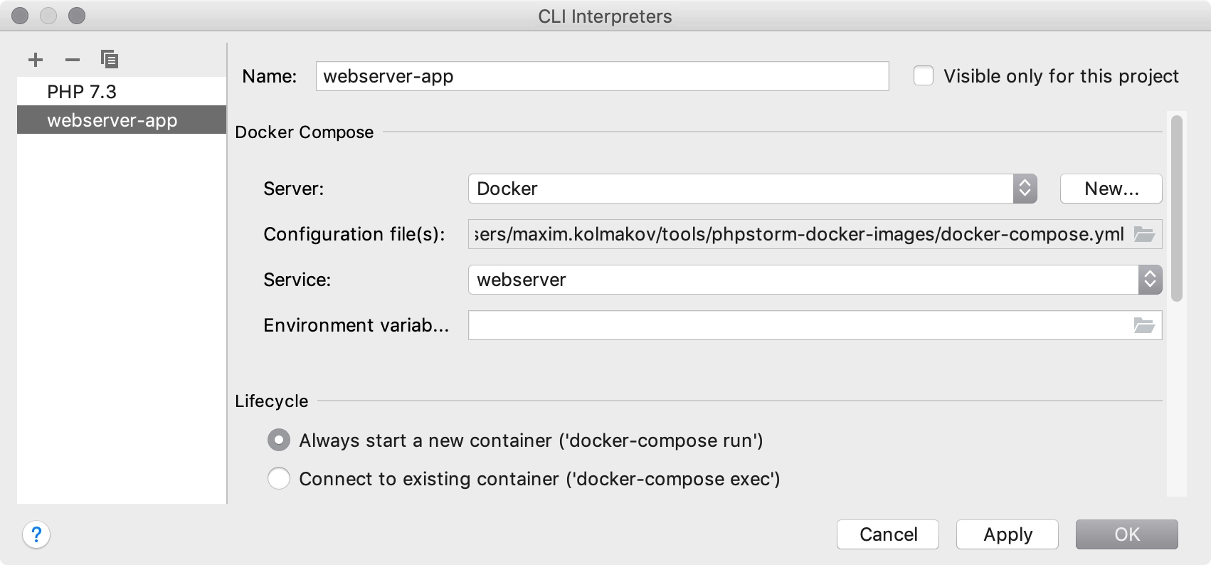 phpstorm docker compose logs missing