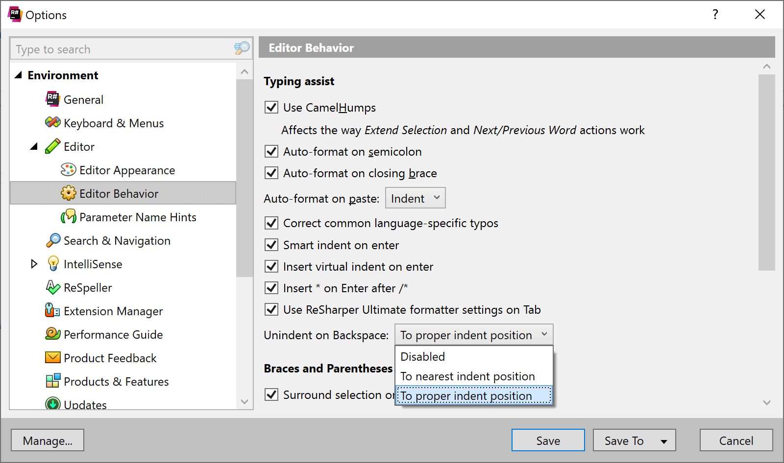 Configure backspace indent typing assist