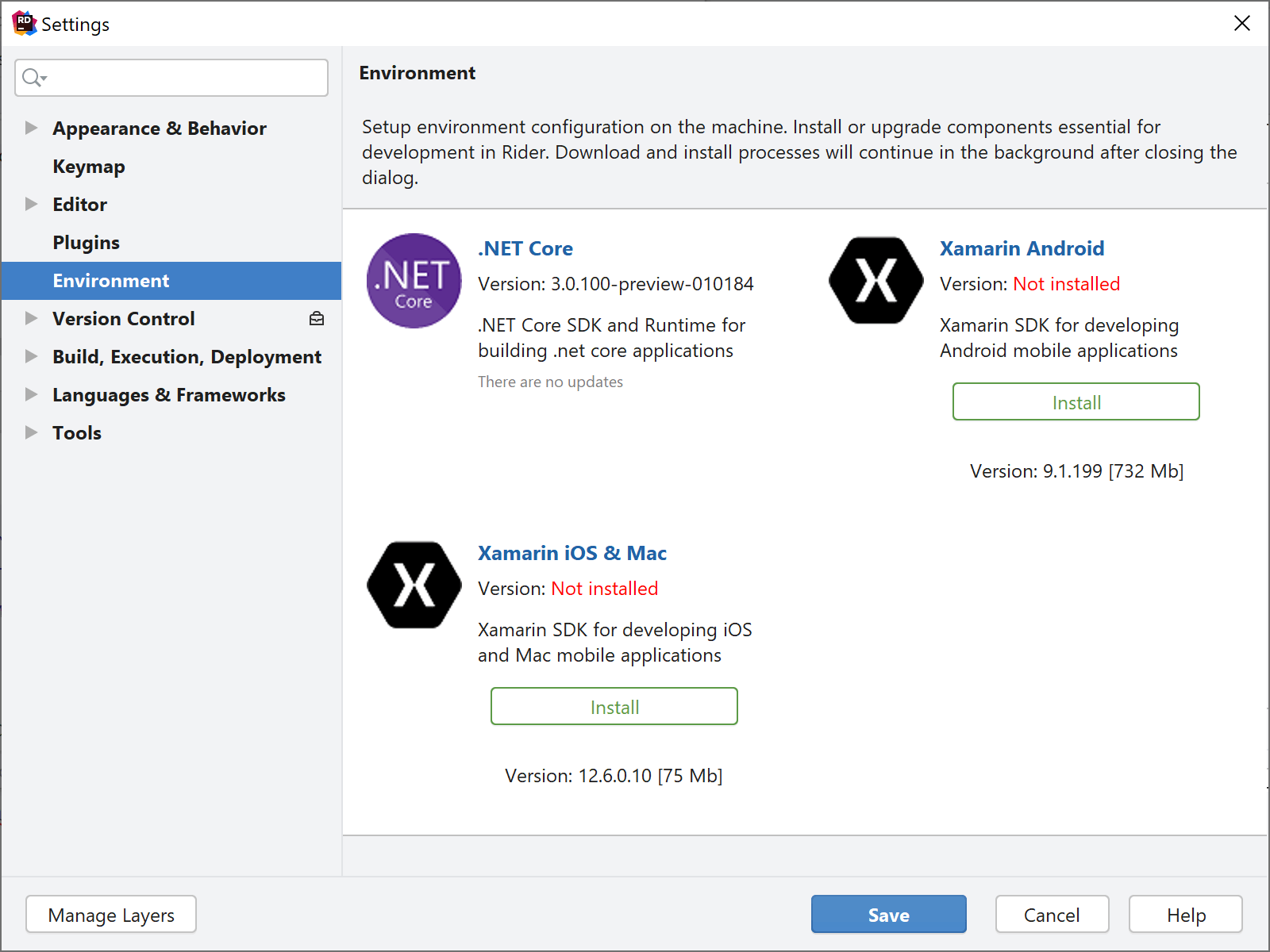 Use the Environment page to install .NET Core or Xamarin SDK