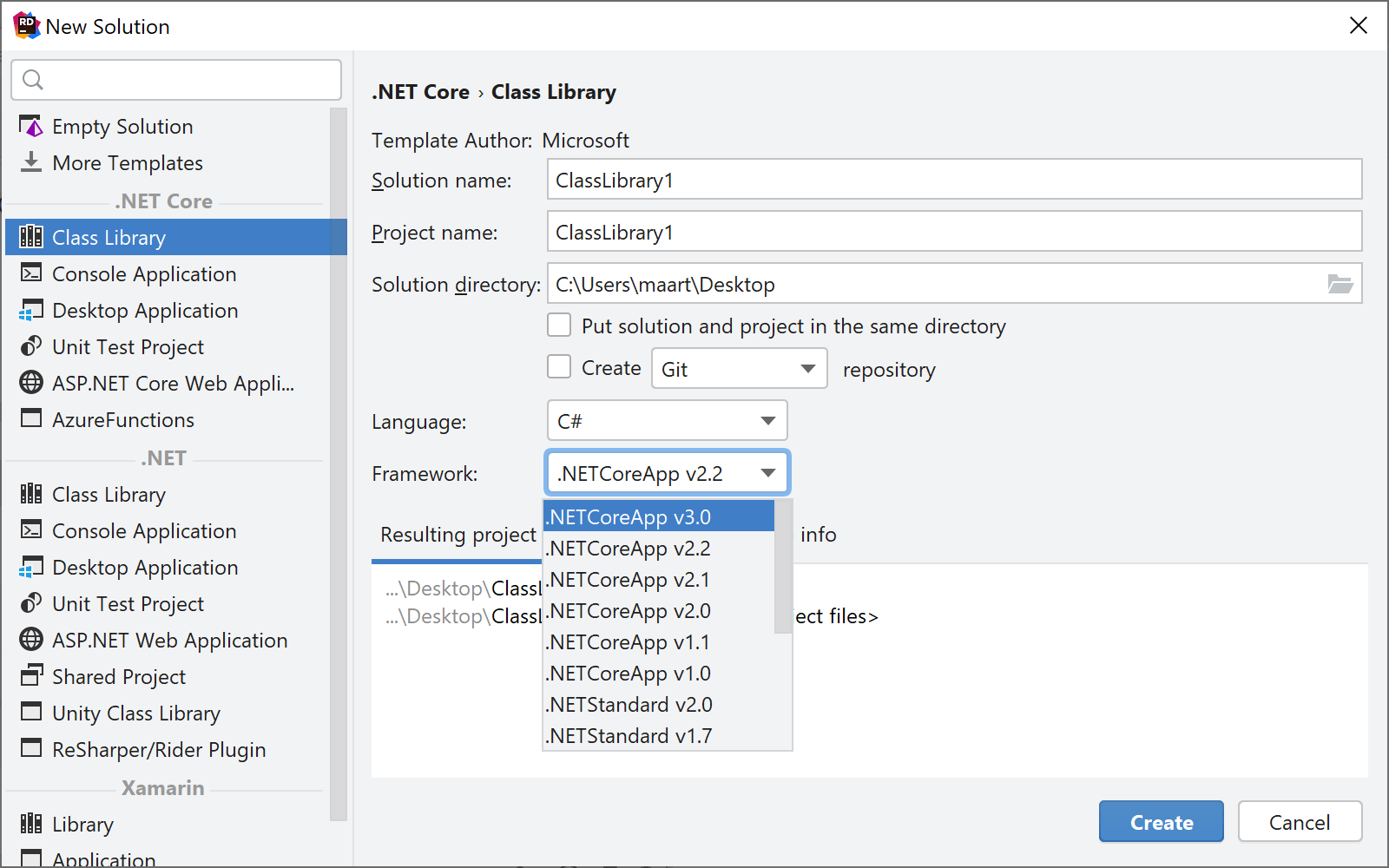 Pick framework to target when creating new application