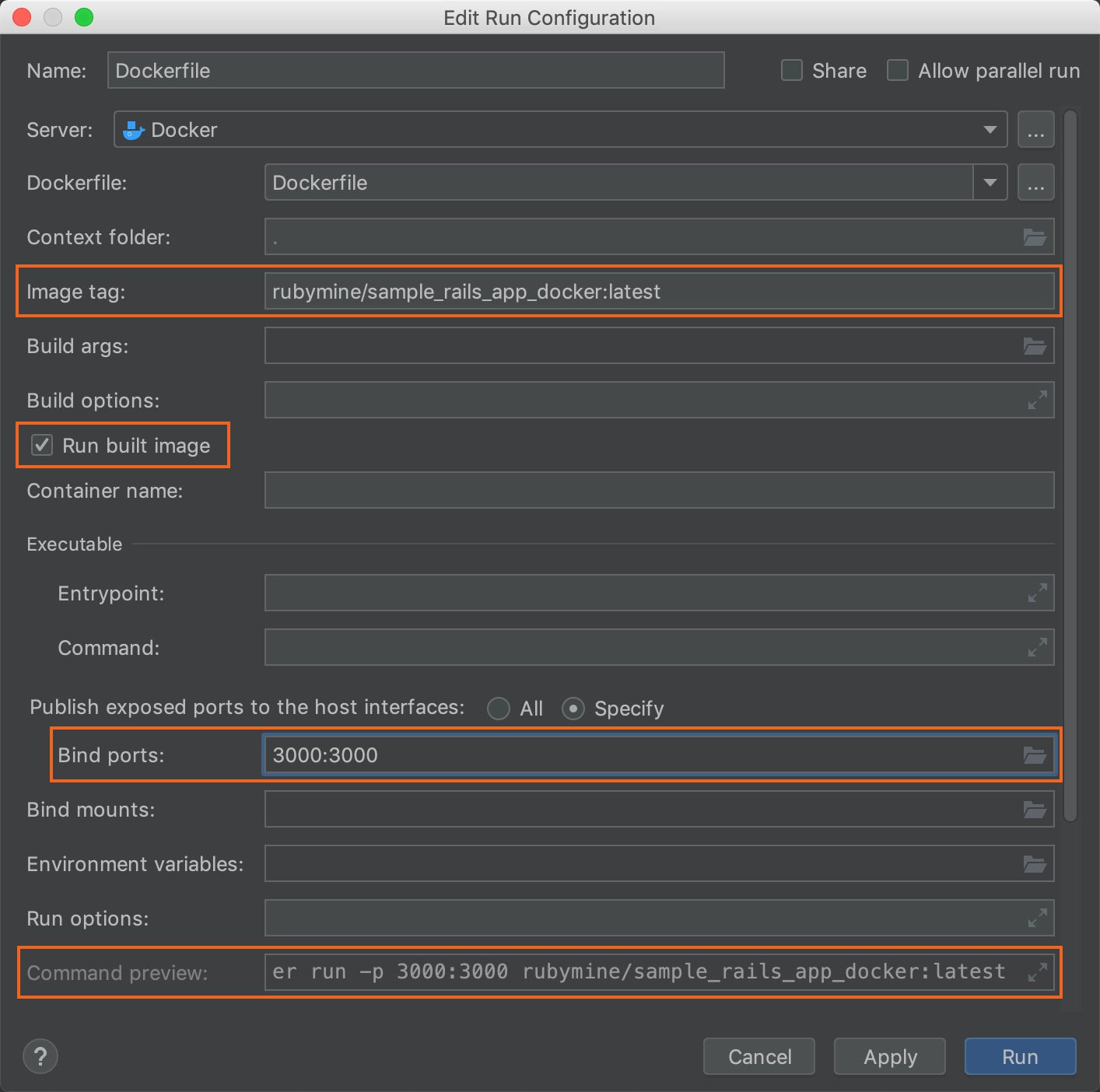 dockerfile run configuration