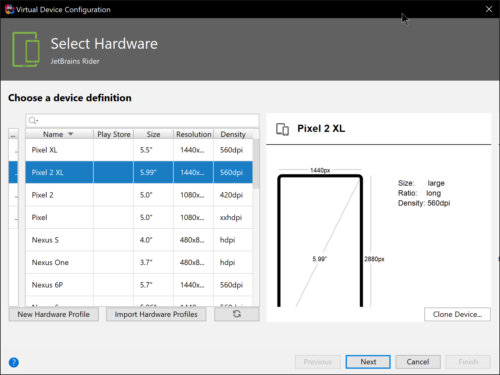 Rider's Xamarin New Virtual Device Dialog