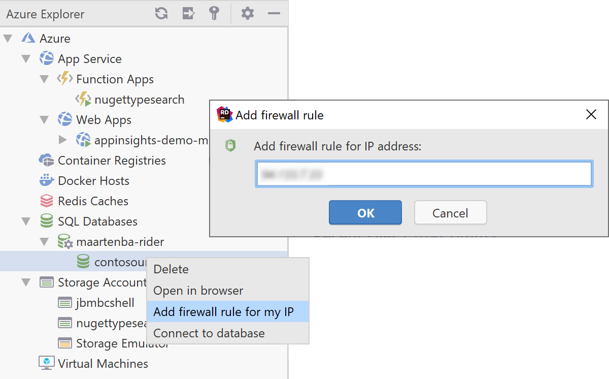 Add Azure SQL database firewall rule from Rider