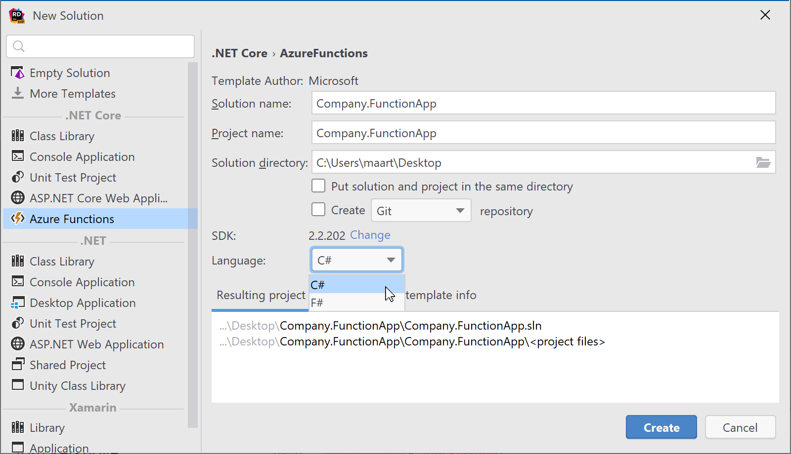 Create new CSharp or FSharp Azure Functions project in Rider