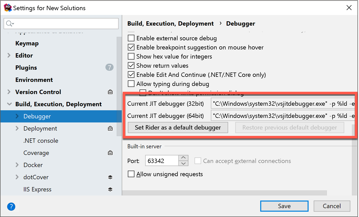 Setting the default debugger