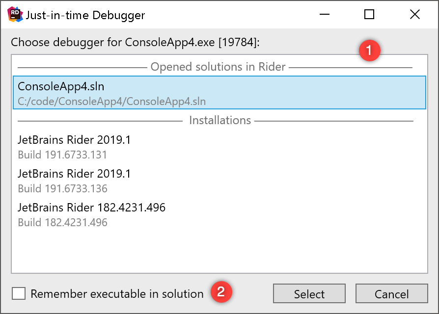 Selecting Just-in-time debugger