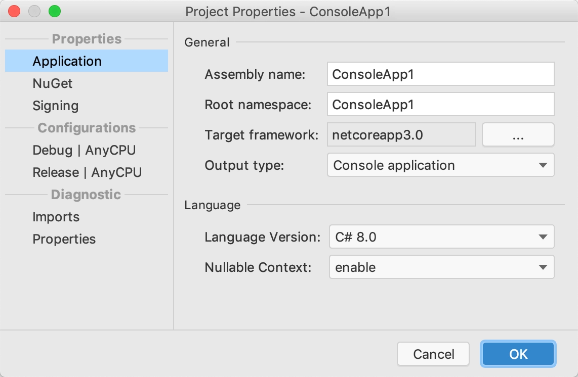 Project Properties dialog