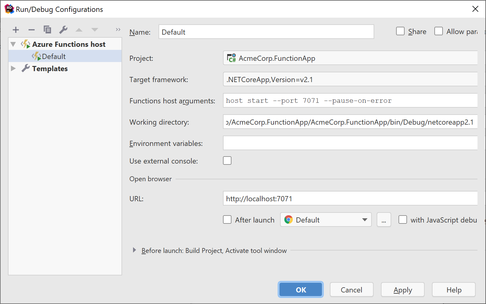 Run/debug configuration for Azure Functions in Rider