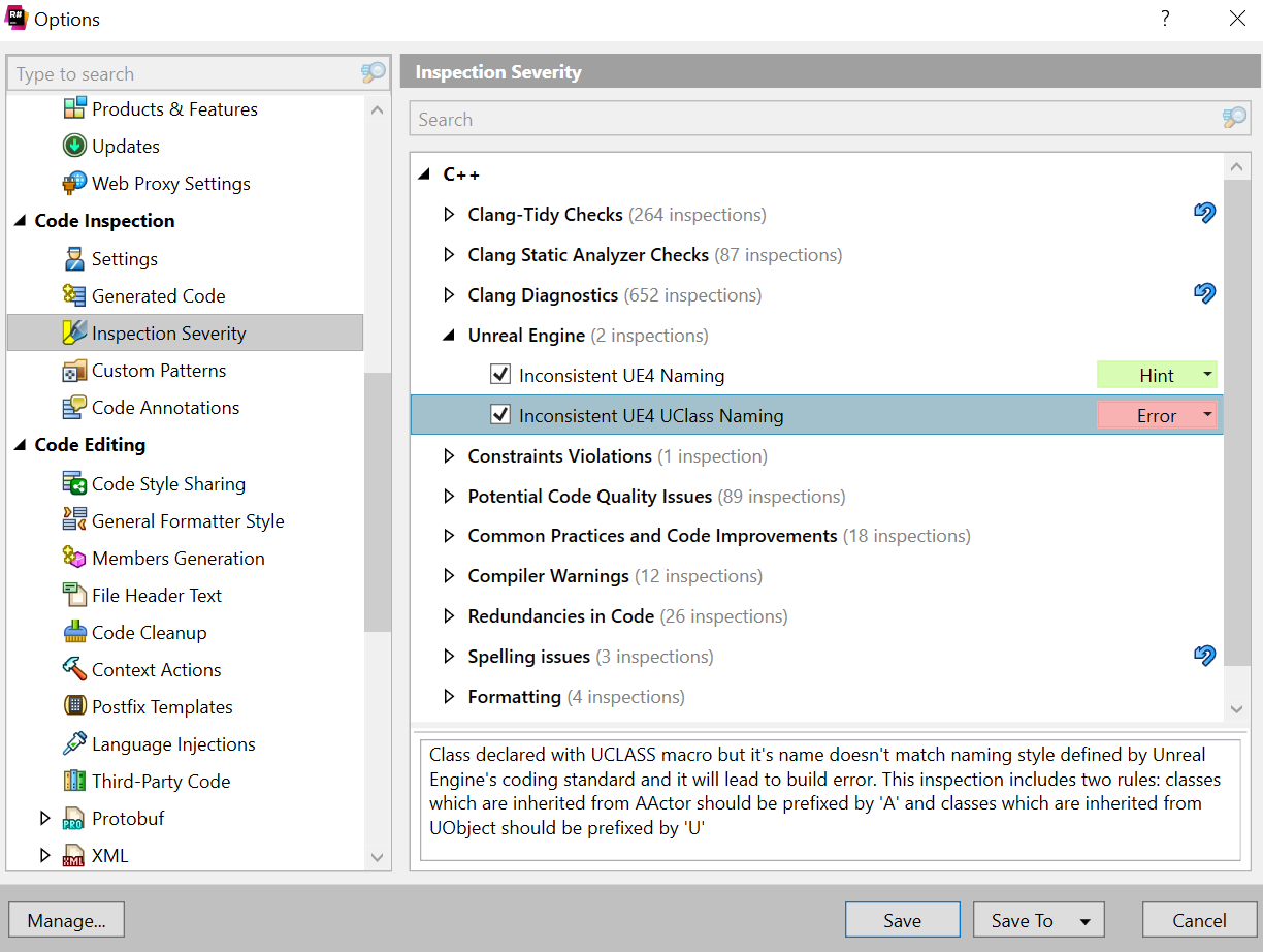 Naming inspection settings