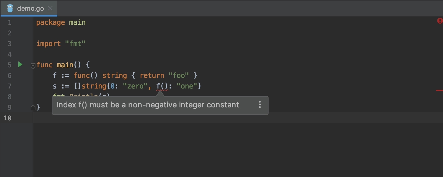 A warning that index must be a non-negative integer constant