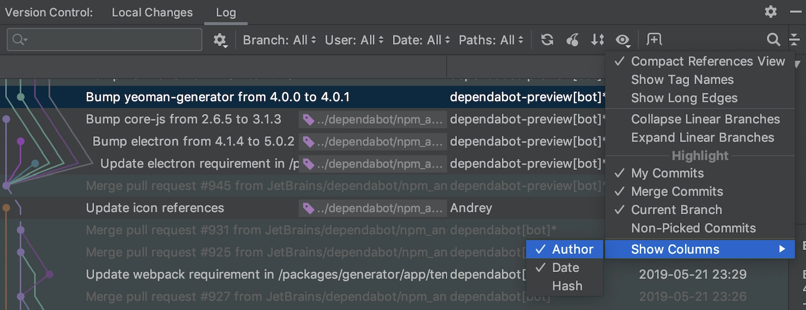 Configure VCS Log columns