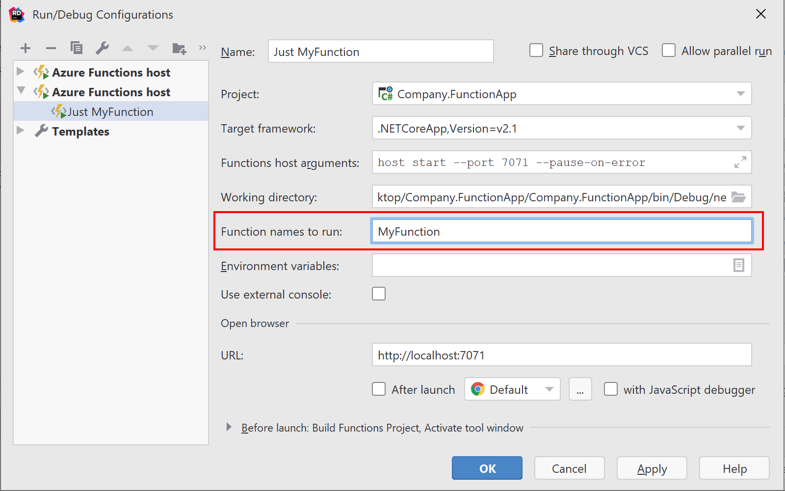 Specify individual Azure Function(s) to run in configuration