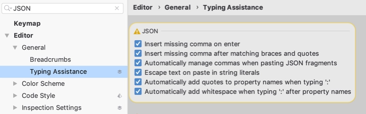 Typing assistance settings for JSON