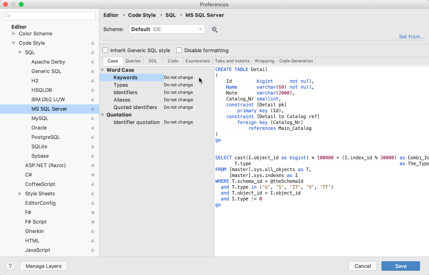 SQL style settings