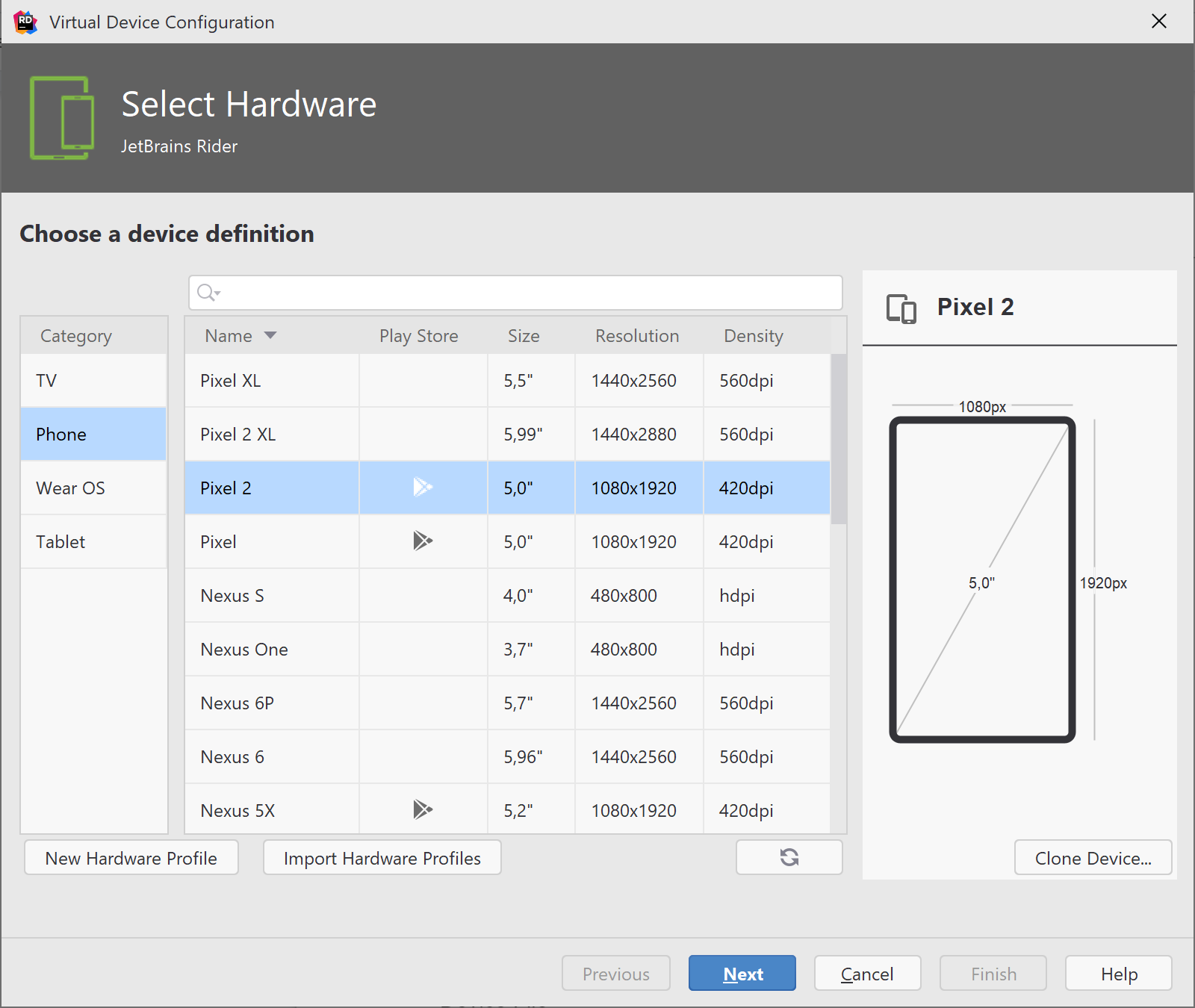 Create a new emulated device in Rider