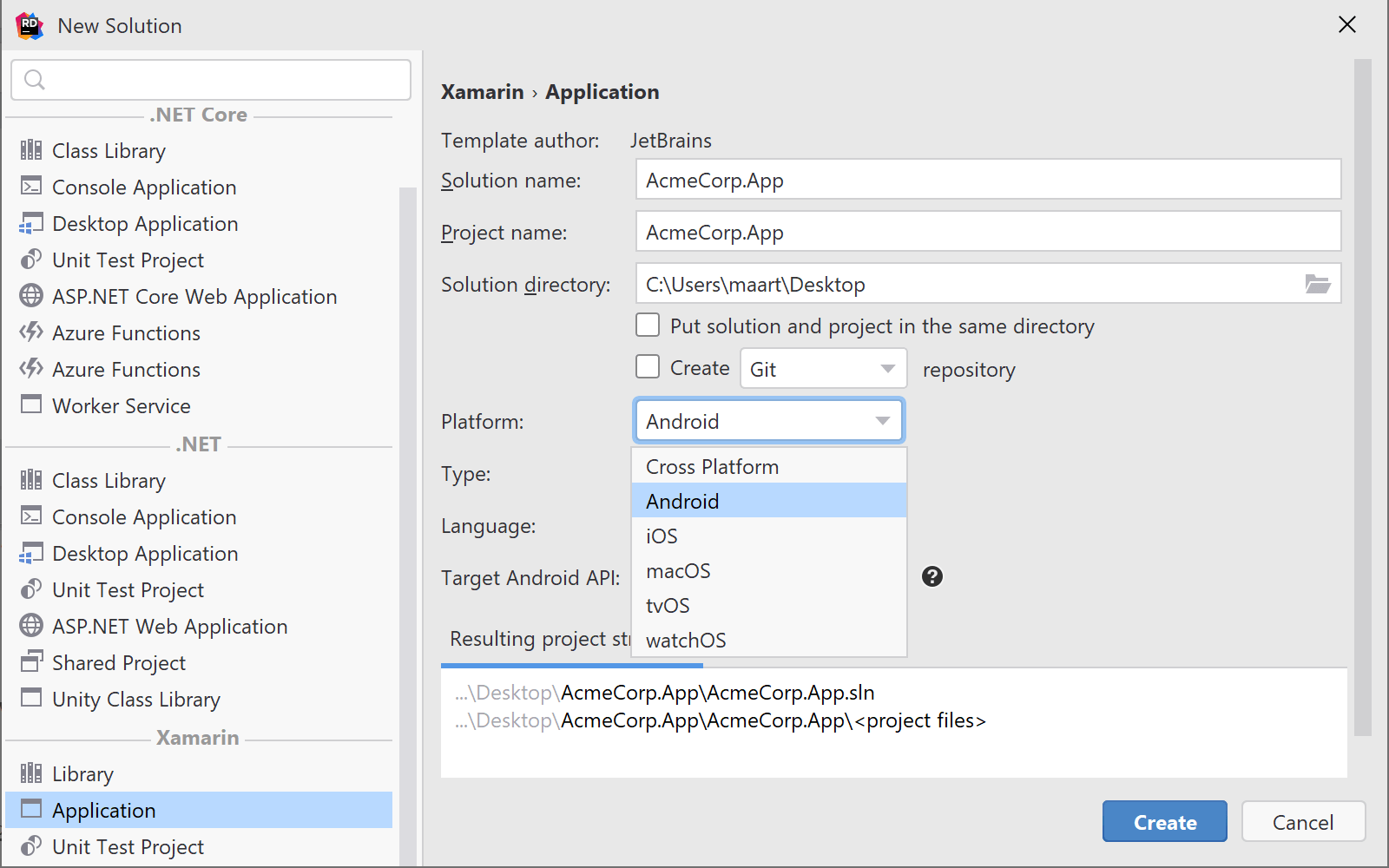 Project templates for mobile Xamarin development on Rider