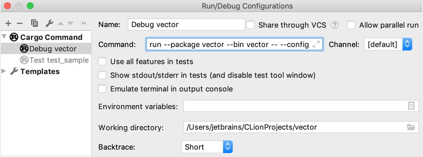 Cargo Command run/debug configuration